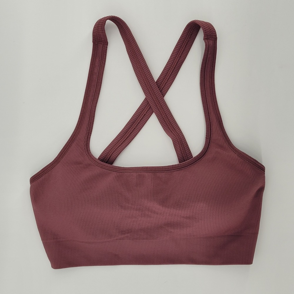 Athleta Sports Bra Womens Large Maroon Ribbed Crisscross Back Yoga Athletic